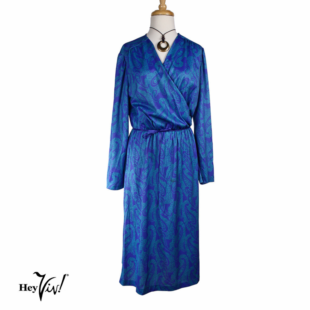 Vintage Aqua Blue Paisley Blair Dress Shapely Cross Over Front Size 14 - Hey Viv